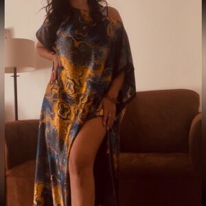 Vibrant Blue and Gold Kaftan Dress with matching scarf set